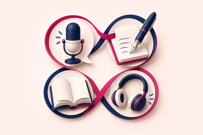 Microphone, pen, book and headphones representing four English skills