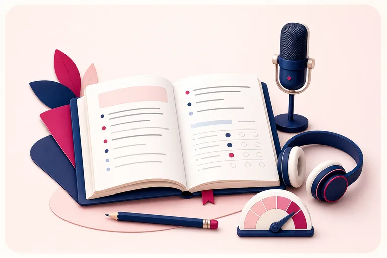 Academic English practice workbook with a microphone and headphones